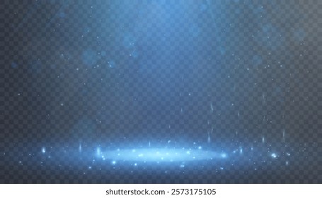 Blue Spotlight effect to illuminate the stage and objects with bright spotlight lighting with shimmering sparkles and stars on a black background.