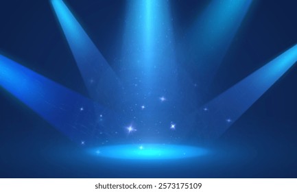 Blue Spotlight effect to illuminate the stage and objects with bright spotlight lighting with shimmering sparkles and stars on a black background.