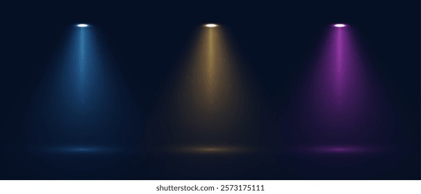 Blue Spotlight effect to illuminate the stage and objects with bright spotlight lighting with shimmering sparkles and stars on a black background.