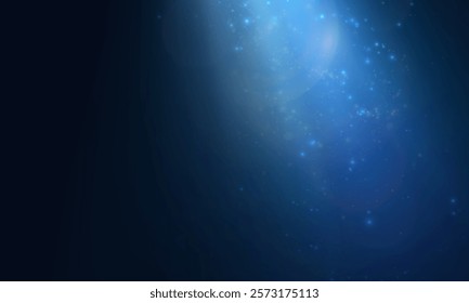 Blue Spotlight effect to illuminate the stage and objects with bright spotlight lighting with shimmering sparkles and stars on a black background.