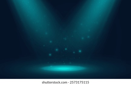 Blue Spotlight effect to illuminate the stage and objects with bright spotlight lighting with shimmering sparkles and stars on a black background.