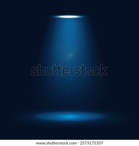 Blue Spotlight effect to illuminate the stage and objects with bright spotlight lighting with shimmering sparkles and stars on a black background.