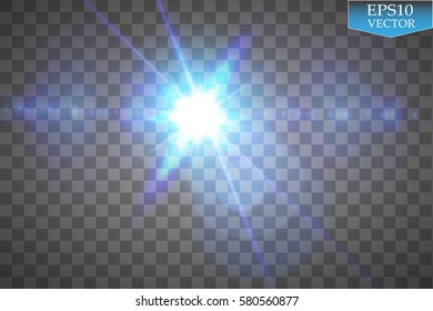 Blue spotlight flash with lens flare effect. Sunshine rays, star light sparkling on transparent background