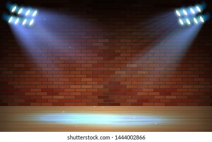 blue spotlight on the brick wall in the studio room