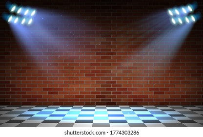 blue spotlight on the brick wall in the studio room