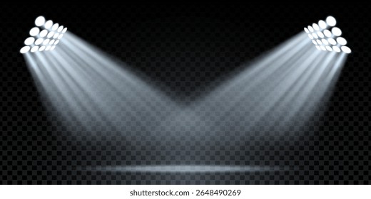 Rayos azules del proyector en fondo oscuro del escenario. Efecto de luz de Vector brillante con brillo, brillo y brillo transparente. Escena Abstractas de discoteca, concierto o arena de boxeo. Ambiente deportivo y festivo.