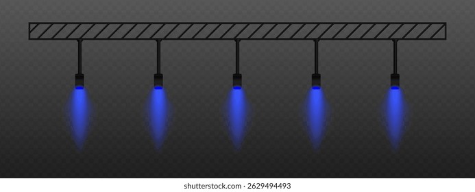 Blue spotlight. Row of hanging lamps with warm red light beams, directed down for concert, performance or show lighting on dark transparent background.