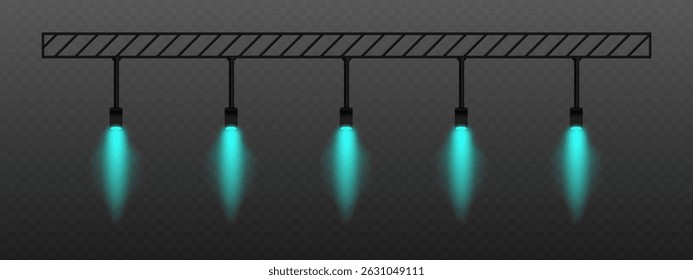 Blue spotlight. Row of hanging lamps with warm red light beams, directed down for concert, performance or show lighting on dark transparent background.