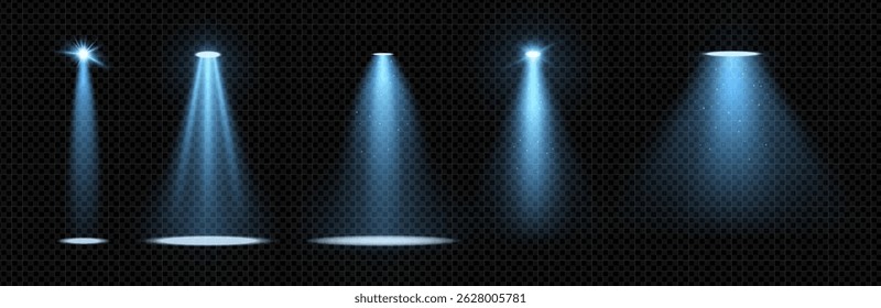 Blue spotlight set with glowing beams on dark background. Realistic volumetric vector effect for stage, concert or nightclub scenes. Sparkling glare and flash for dynamic entertainment design.