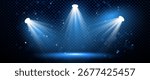 Blue spotlight snow overlay with stage light and dark background. Spot effect beams and winner scene shine by night. Neon podium backdrop or abstract banner for club.