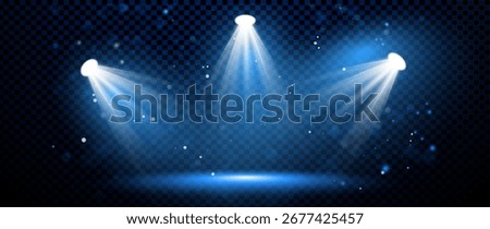 Blue spotlight snow overlay with stage light and dark background. Spot effect beams and winner scene shine by night. Neon podium backdrop or abstract banner for club.