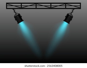 Blue Spotlight. Two black stage lights mounted on a truss, casting bright beams, theatrical lighting effect, performance scene, illumination, event setup, focused light projection, wallpaper