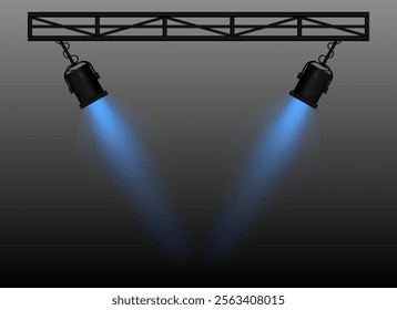 Blue Spotlight. Two black stage lights mounted on a truss, casting bright beams, theatrical lighting effect, performance scene, illumination, event setup, focused light projection, wallpaper