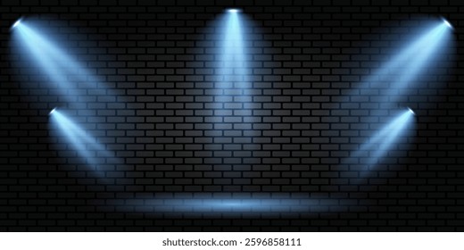 Blue spotlights. Bright lighting with spotlights. For stages, concerts, holidays. Light effect. EPS10.