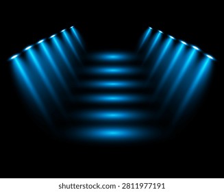 Blue spotlights creating illuminated stage pathway on black background with dramatic lighting effect.