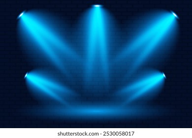 Blue spotlights light background for design. Blue brick wall. For stages, concerts, holidays. Light effect. EPS10.