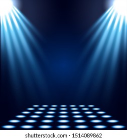 Blue spotlights realistic vector illustration. Bright decorative backdrop with copy space. Shiny violet floodlight beams with sparkling effect. Entertainment show, theater stage illumination.
