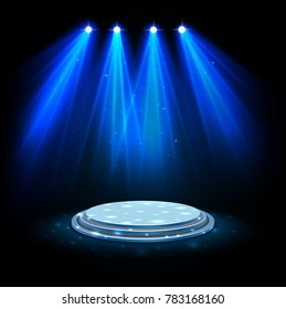 Blue spotlights with white podium on dark background