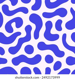 Blue Spots and Abstract Organic Shapes Seamless Pattern. Modern spotted playful duotone texture with wavy squiggles. Minimal geometric background. Repeat vector illustration