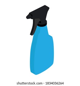 Blue spray bottle, cleaning supplies, water spray bottle. Vector. Isometric view