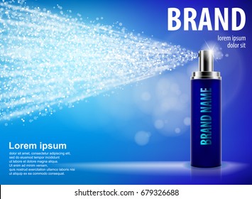 Blue spray bottle isolated on blue background with drops and soft bokeh for your design. Realistic cosmetic premium ads, facial treatment sprayer. Perfume or deodorant container 3d vector