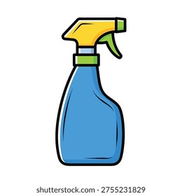 A blue spray bottle with a yellow nozzle and green trigger, commonly used for cleaning solutions.