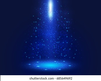 Blue spray of light.Abstract bright golden shimmer glowing particles.Scatter shining star dust light explosion effect. Burning sparks wallpaper. Vector background for holidays and party