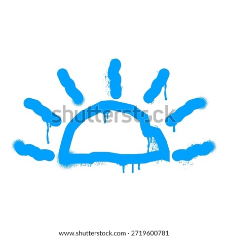 Blue spray paint sun symbol depicting a rising sun, featuring characteristic drips and texture, representing urban style and new beginnings on a white background