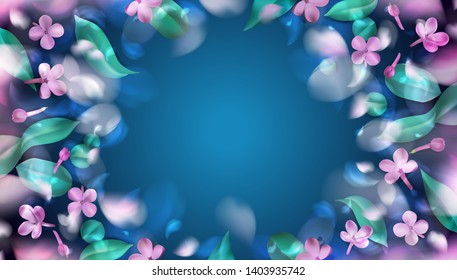 Blue spring background with purple flowers and leaves vector illustration