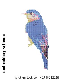 Blue spring bird. Bird embroidery scheme. Vector illustration isolated on white background. Pixel art.