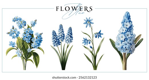 Blue spring first flowers isolated on a white background. Vintage painting style illustration.