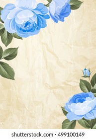 Blue spring flowers is handdrawn on an old crumpled paper. Vertical card for the invitation. Invitation card. Blue watercolor flowers. Vintage floral background. Vector illustration