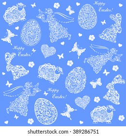 Blue Spring pattern with easter eggs, angel, bunny and sheep. Vector Illustration