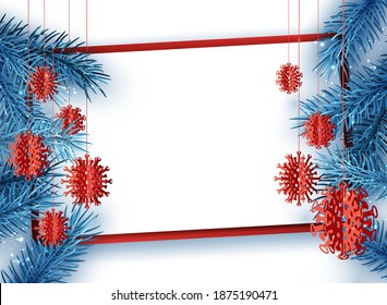 Blue spruce branches borders. Hanging red covid-19 Xmas tree toys. Red frame. Space for text. Vector illustration.