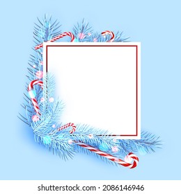 Blue spruce branches with candy canes and bokeh lights. Space for text. Vector holiday illustration.