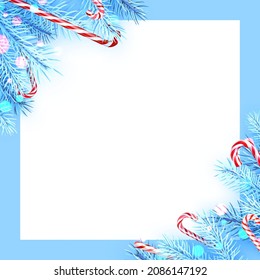 Blue spruce branches with candy canes and bokeh lights. Space for text. Vector holiday illustration.