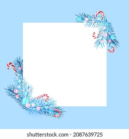 Blue spruce branches with candy canes and bokeh lights. Space for text. Vector holiday illustration.