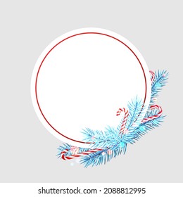Blue spruce branches with candy canes and bokeh lights. Round frame. Space for text. Vector holiday illustration.