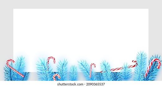 Ramas de abeto azul con latas de dulces. Espacio para texto. Ilustración vectorial de vacaciones.