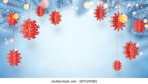 Blue spruce branches frame with hanging covid-19 Xmas tree toys. Bokeh lights. Space for text. Vector illustration.