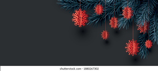 Blue spruce branches frame with hanging covid-19 Xmas tree toys. Space for text. Vector illustration.