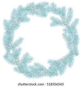Blue Spruce Branches. Hand drawn. vector illustration. Design element background for winter, nature designs. Decorated wreath of pine branches, design, new year's eve. celebratory wreath,