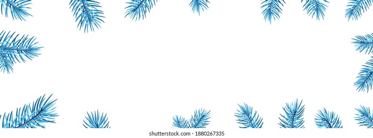 Blue spruce branches horizontal frame. Winter decoration for banners, cards. Vector illustration.