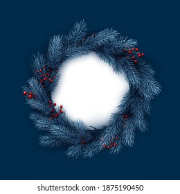 Blue spruce branches with red berries. White round frame. Christmas wreath. Vector holiday illustration.