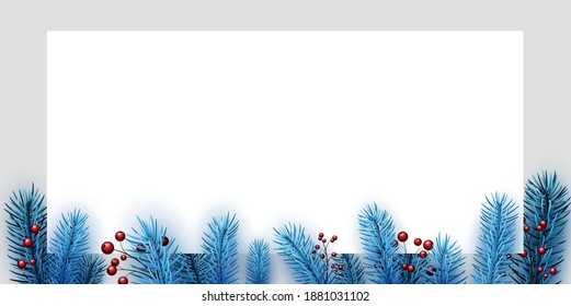 Blue spruce branches with red holly berries border. White square frame on light grey background. Vector holiday illustration.