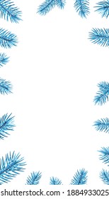 Blue spruce branches vertical frame. Winter decoration for posters, cards, flyers. Vector illustration.