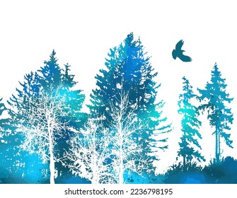 Blue spruce panorama. flying bird in the sky . Vector illustration