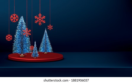Blue spruce trees on red round stand. Hanging red snowflakes. Dark blue background. Vector illustration.