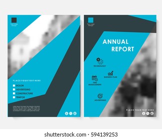 Blue square annual report cover design template with blurred photo. Brochure concept presentation website portfolio. Layout leaflet template. Magazine business advertising set Poster A4 vector