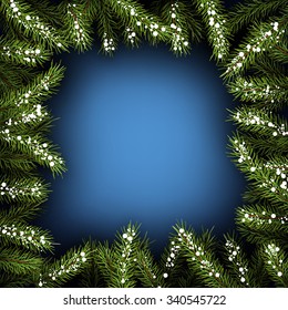 Blauer, quadratischer Hintergrund mit Tannenzweigen. Vektorgrafik.